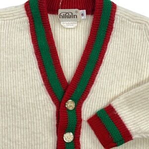 Vintage Kids Wool Blend Cardigan Sweater SZ 6 Hilwin Cream Green Red Gold Button